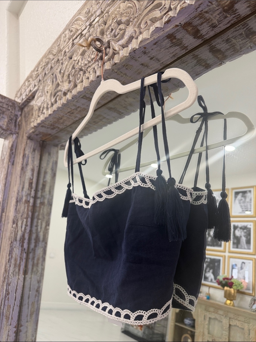 Christian Lacroix Navy Linen Blend Cropped Top with White Crochet Trim - Picture 4 of 6
